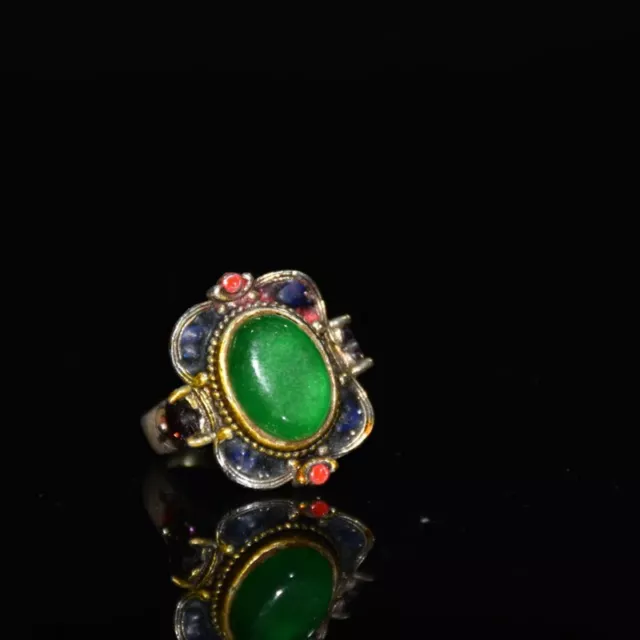 Exquisite Old Chinese tibet silver gilt inlay green jade handmade Quartet ring
