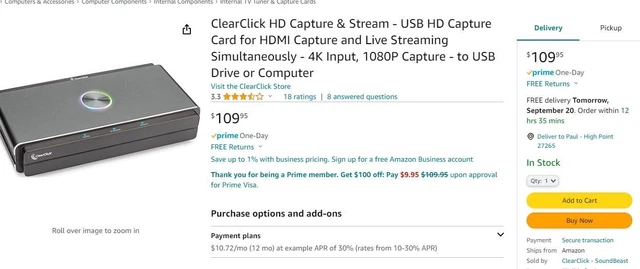 ClearClick HD Capture & Stream USB HD Capture Card HDMI Capture Live Streaming