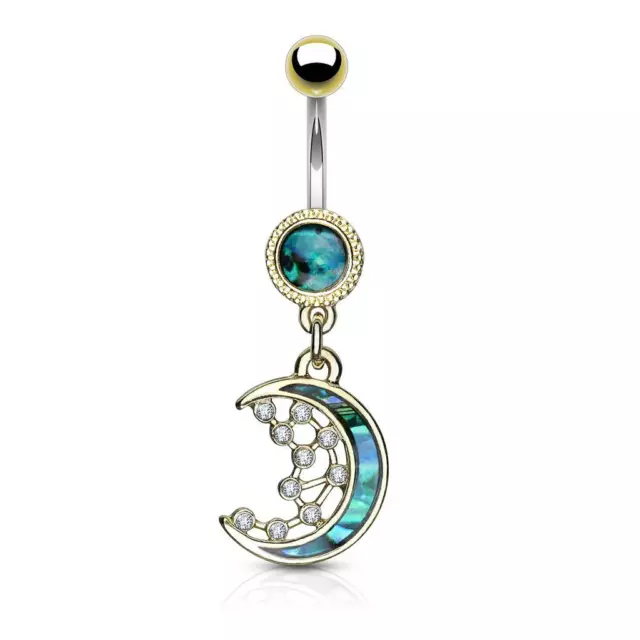 Gold IP Belly Ring with Mother of Pearl Inlay Moon and CZ Stars Dangle
