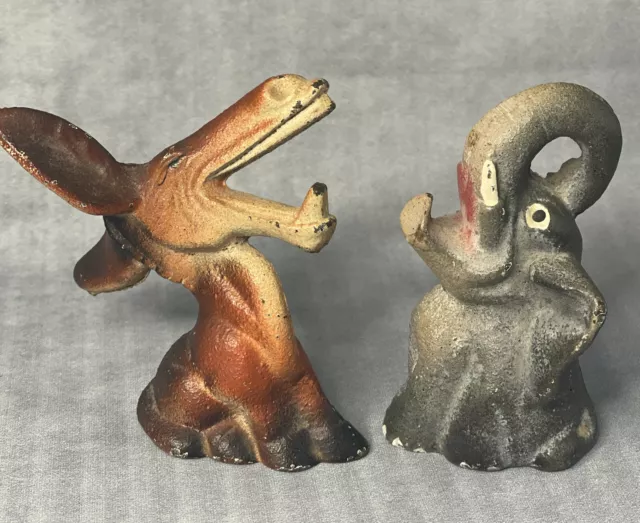 Vintage Cast Iron Democrat Donkey Republican Elephant Bottle Openers Set