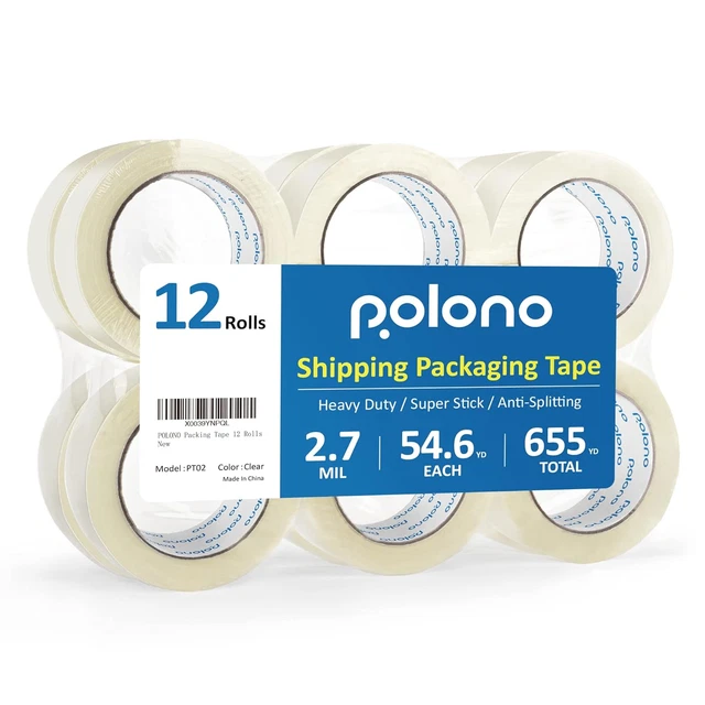 Clear Packing Tape 12 Rolls, Heavy Duty Packaging Tape, 2.7 Mil, 1.88" X 54.6 Y