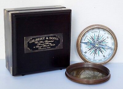 Antique Brass Sundial Compass Robert Frost Poem Magnetic Maritime w/ Wooden Box