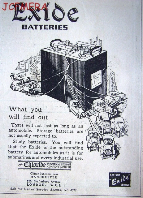Original Chloride 'EXIDE' Car Batteries Advert : Small 1921 Print AD