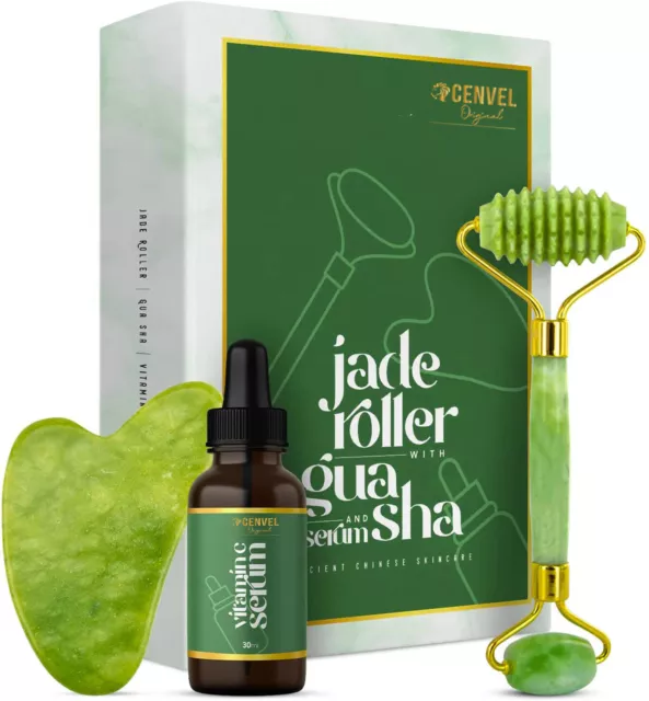 Jade Roller mit Gua Sha & Vitamin C Serum Anti-Aging Massagegerät tolles Weihnachtsgeschenk