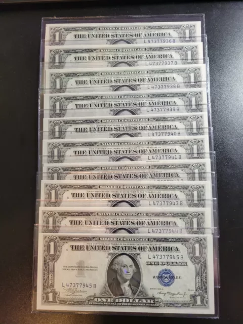 Lot of 10 CONSECUTIVE 1935A ONE DOLLAR SILVER CERTIFICATE BLUE SEAL BU UNC CRISP
