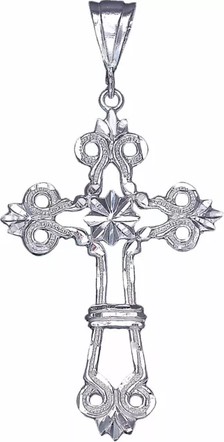 Large Sterling Silver Cross without Jesus Pendant Necklace with Diamond Cuts