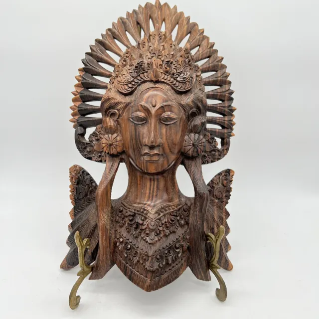 Hand Carved Balinese Woman's Face with a Head Dress Solid Wood Wall Sculpture