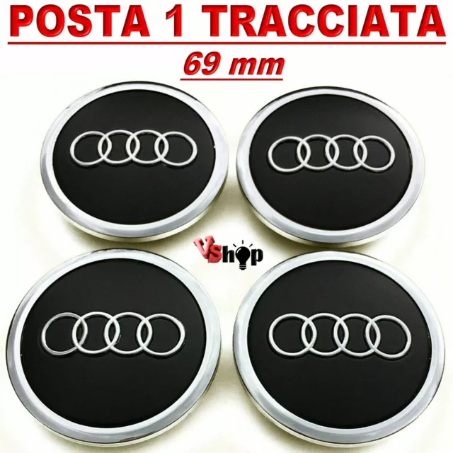 4 Tappi AUDI 69mm Coprimozzo Cerchi Lega A3 A4 A5 A6 RS4 Q5 Q7 S4 Nero Borchie