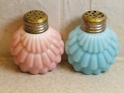 EAPG Consolidated Lamp & Glass Co. Blue & Pink Fan Salt & Pepper Shakers 3"
