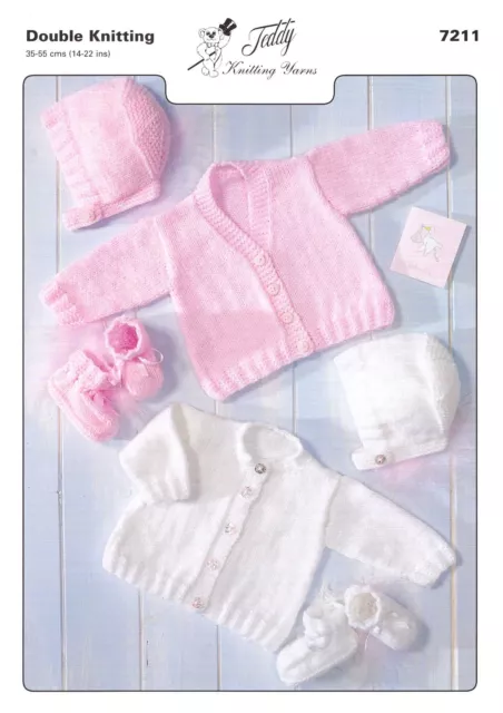 7211 Double Knitting Pattern for Baby Cardigans, Bonnet & Bootees