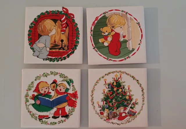 4 Vintage 1981 Jasco Christmas Ceramic Tile Trivets Coasters Boy Girl