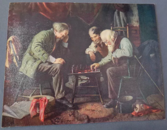 Antique Vintage Lithograph Linen Art Print Old Elderly Men Playing Chess Fuzzled