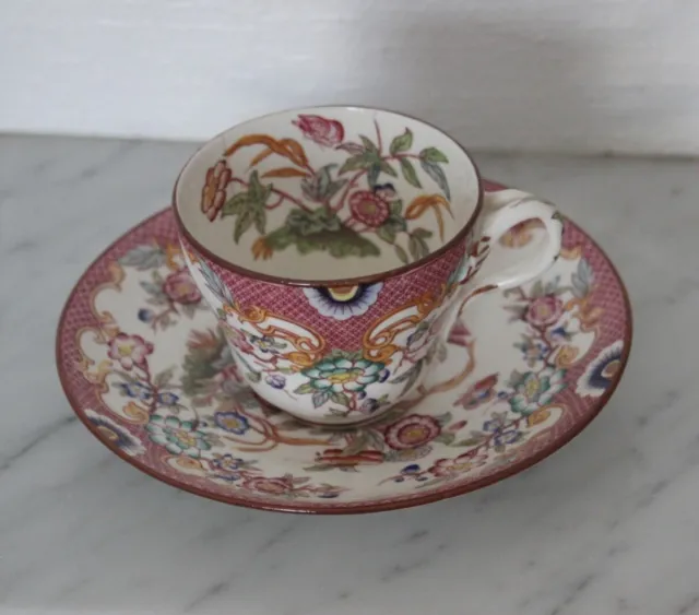 Tasse à grand café porcelaine Sarreguemines façon Minton, rose, décor n°215 (1)
