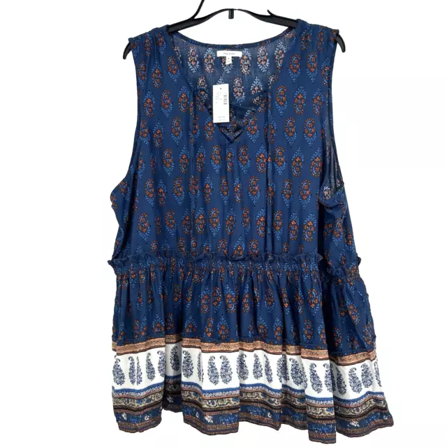 NEW Maurices Boho Swing Tank Top Baby Doll Blue Paisley Lace Up Ruffle Size 2X