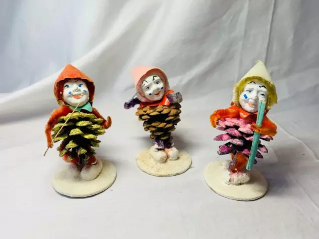 3 Antico Clown Babbo Natale Pino Cono Ornamento Natalizio Raro c1920 Vacanza