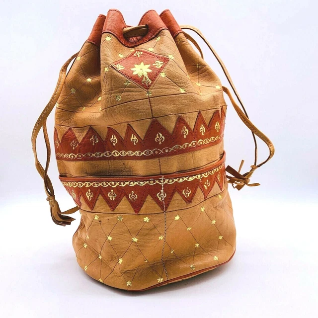 Vintage 1960s Bag Made in Morocco Tan Gold Drawstring 4 Outside Pockets