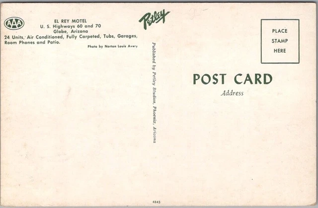 El Rey Motel Map CARTE POSTALE GLOBE, Arizona EL REY MOTEL Highway 60/70 Roadside années ...