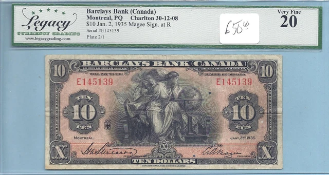 Barclays Bank (Canada), $10, 1935, Magee signature, CH#30-12-08, Legacy VF-20!