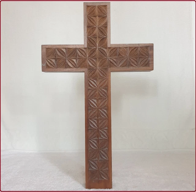 VINTAGE LARGE SOLID Wood Carved Crucifix Cross Jesus Christ Christian