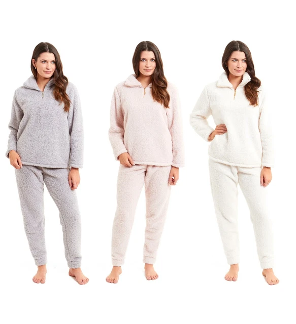 Womens Zip Teddy Fleece Pyjama Set Fluffy Cosy Pyjamas Loungewear Sets