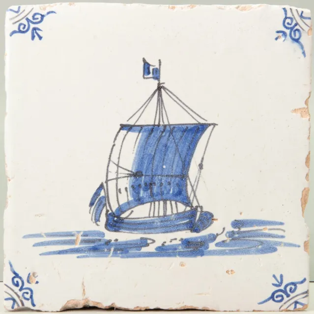 Nice Dutch Delft Blue tile, sailboat, 17th. century.
