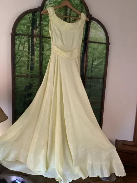 Vintage Retro Prom Dress Full Length Yellow Silky Fabric XS