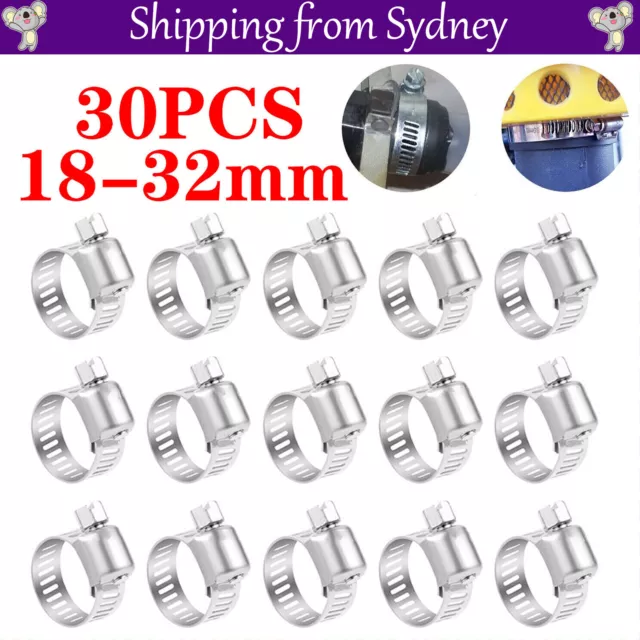 30PCS Hose Clamps Clip 304 Stainless Steel Adjustable Spring Pipe Fuel 18-32mm