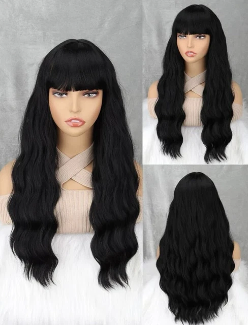 Perruque Synthétique Noire Longue Bouclée - Avec Frange, Bonnet Moyen, +4 Bonnet Offert