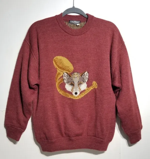 Rare Vintage Salvatore Ferragamo Fox Bugle Hunting Men's Wool Sweater Small