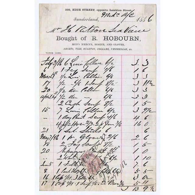 1886 Billhead R Hobourn, Mens Mercer Hosier & Glover, High St SUNDERLAND