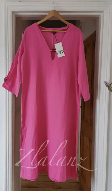 Zara SS22 Long Flowing Linen Blend Tunic Dress Fuchsia Pink Peach XS S M L XL