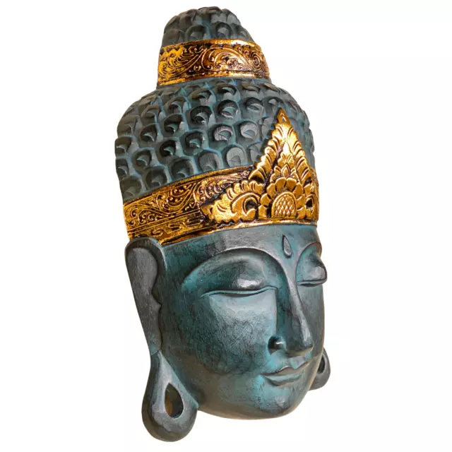 Serene Buddha Mask wall art sculpture Balinese Carved Wood Asian Home Decor Teal