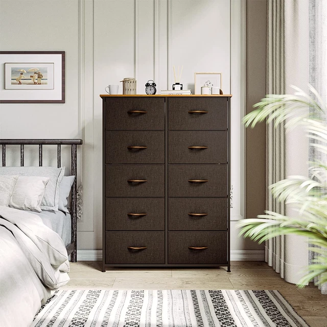 10-Drawer Dresser Chest Steel Frame Wooden Top Bedroom Furniture Storage Brown