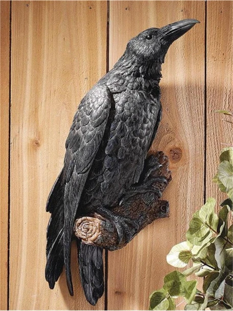 Crow Perch Wall Sculpture Garden Wall Hanging Ornament Black Raven Statue Craft