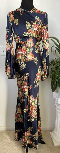 NWT ASOS Design SZ 6 Wrap Neck Bias Sheath Navy Floral Print Maxi Dress