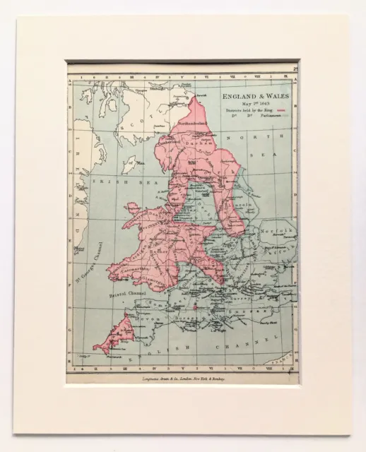 ENGLISH CIVIL WAR 1643 - 1907 Antique Historical Map - Mounted