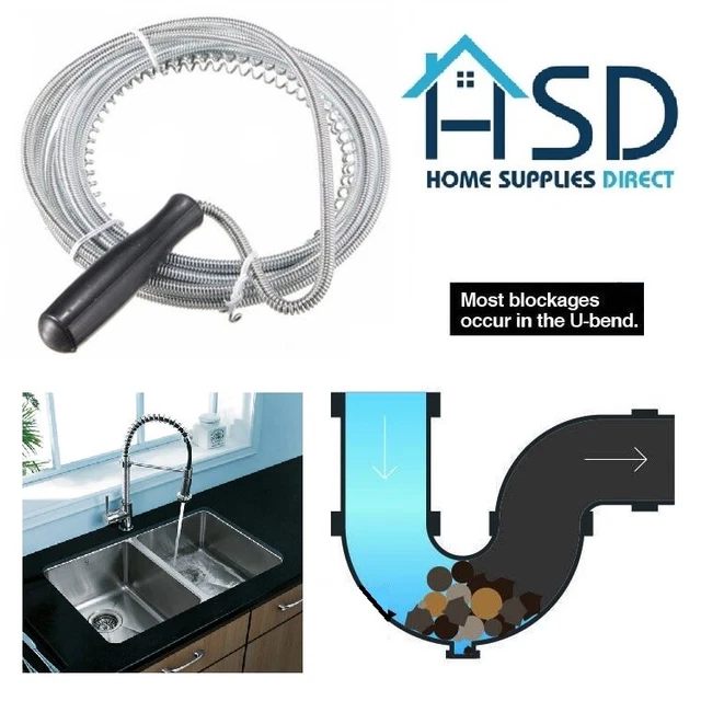 3M LONG DRAIN Unblocker Waste Pipe Cleaner Kitchen Sink Plunger Wire
