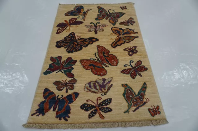 2x3 ft Beige Butterfly Afghan Hand Knotted Tribal Small Accent Rug