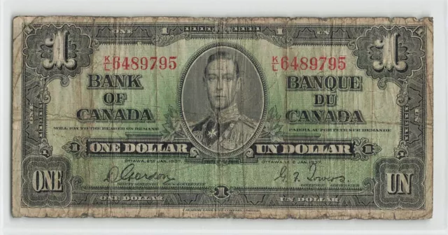 CANADA 1 Dollar 1937, BC-21c Gordon Towers, K/L 6489795, Circulated, KGVI.  C6