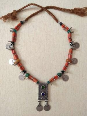 Antique Berber Necklace from Morocco with Berber Pendants, Old Coral beads