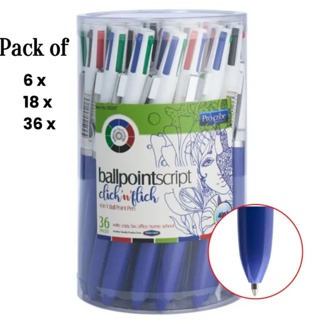 4-in-1 Ballpen Click & Flick Ballpoint Multi Colour Writing Pens Pack of 6,18,36