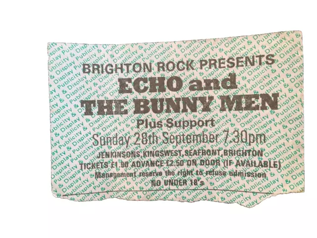 Echo & The Bunnymen Jenkinsons Brighton Sunday 28th September 1980 Ticket Stub