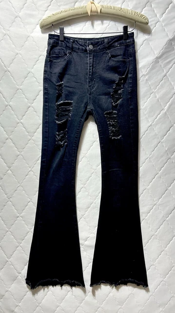 SHEIN WOMEN'S SIZE Black Denim Jeans Distressed Flare Cotton