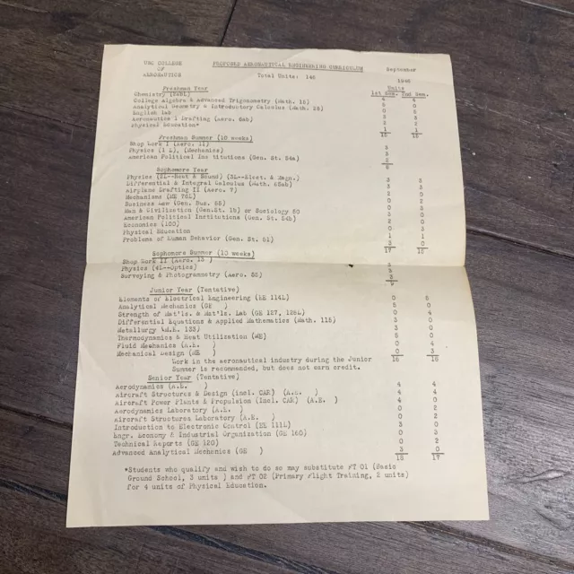 USC University of Southern California 1946 college of aeronautics curriculum