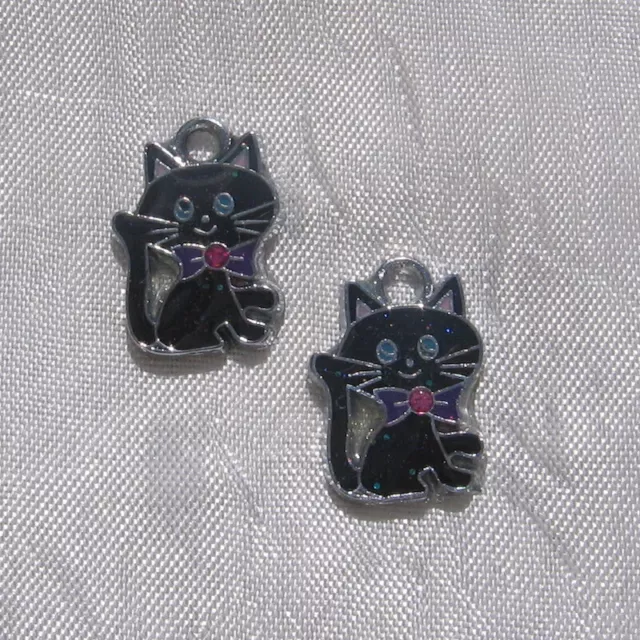 Lot De 2 Breloques Chats Noirs Strass Rose Pendentif Metal Argente *B84