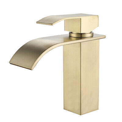 Waterfall Spout Bathroom Vessel Single Handle Faucet Solid Brass Brushed Gold