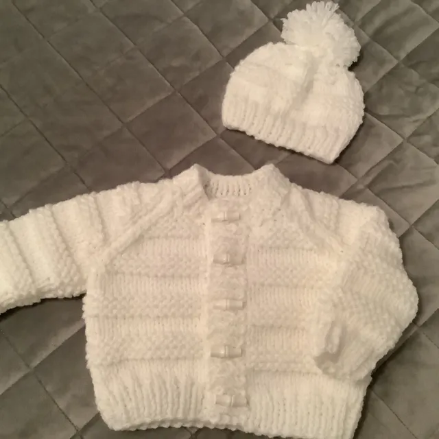 Baby Boys White Chunky Hand Knitted Cardigan And Hat Set Age 0-3 Month