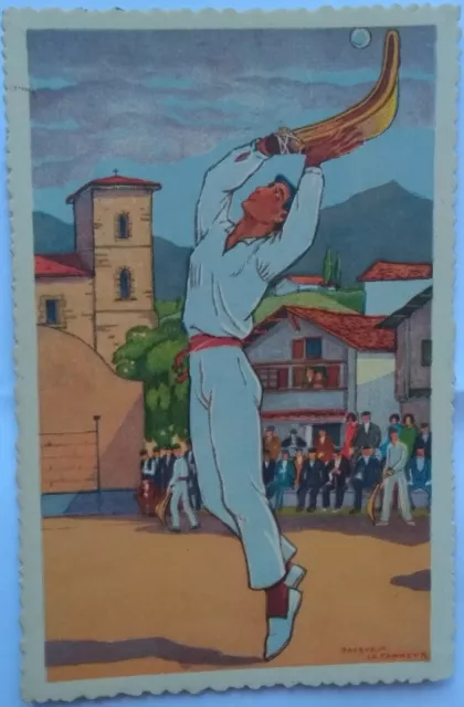 BASQUE PELOTA Costume PLAYER Chistera Artist Signed Spain Colour PC c1930s