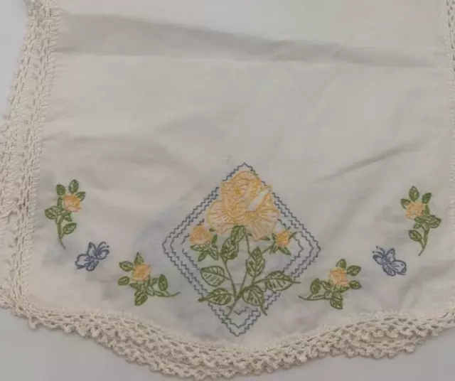 Vintage Hand Embroidered Linen Dresser 42x14"  Scarf Table Runner Lace Trim