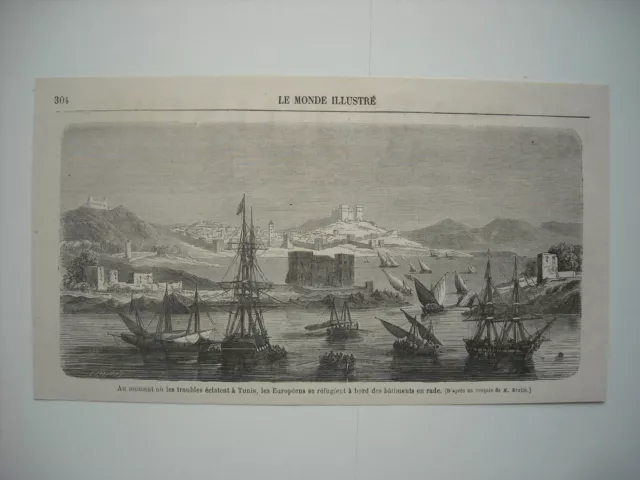 1864 Engraving. In Tunis, Europeans Take Refuge Aboard Harbour Buildings..